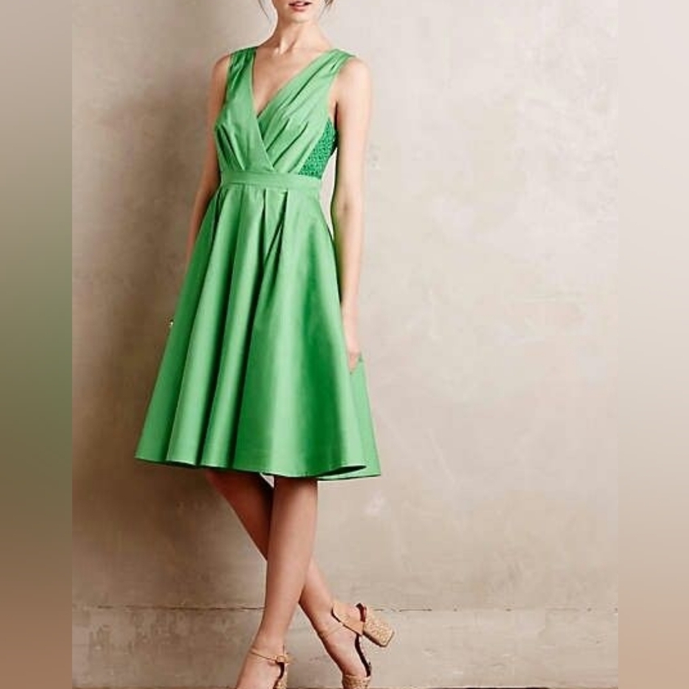 Collette Dinnigan Anthropologie Green Cotton Dress Fit And Flare Formal Size 8